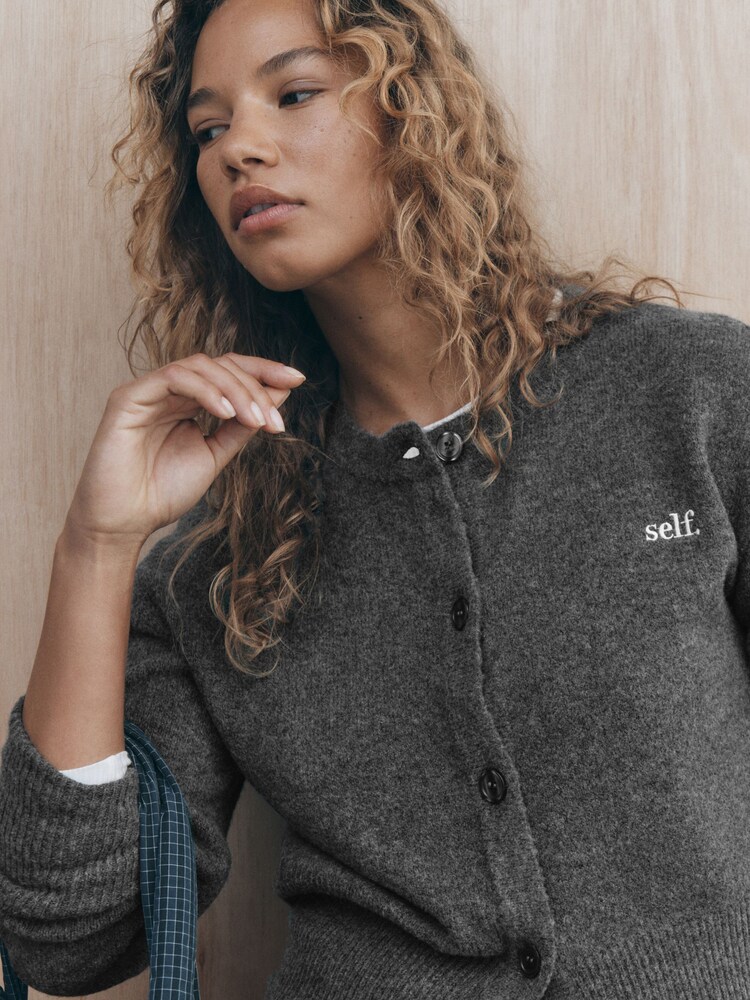 self. Charcoal Grey Knitted Collarless Cardigan - Image 9 of 9