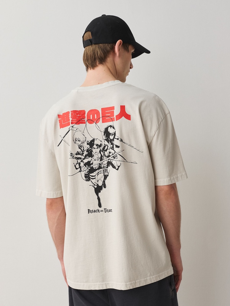 Ecru Attack on Titan Japanese Anime Graphic T-Shirt - Image 1 of 9 Ecru Attack on Titan Japanese Anime Graphic T-Shirt - Image 1 of 9