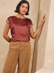 Love & Roses Rust Brown Animal Tipped Satin Front Jersey Back Crew Neck Top - Image 1 of 4