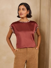 Love & Roses Rust Brown Animal Tipped Satin Front Jersey Back Crew Neck Top - Image 4 of 4