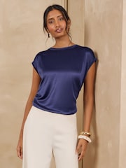 Azul marino - Camiseta de punto con frontal de satén de Love & Roses - Imagen 1 de 4