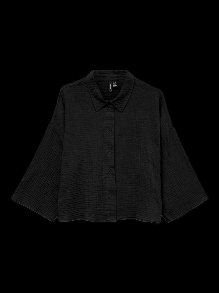 שחור - VERO MODA Textured Cropped Cotton Shirt - תמונה 4 מתוך 4