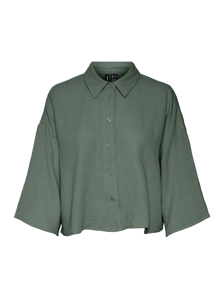 ירוק - VERO MODA Textured Cropped Cotton Shirt - תמונה 5 מתוך 5
