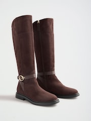 Love & Roses Chocolate Brown Faux Suede Scalloped Knee High Flat Rider Boots - Image 3 of 6