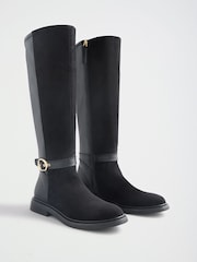 Love & Roses Black Faux Suede Scalloped Knee High Flat Rider Boots - Image 3 of 7