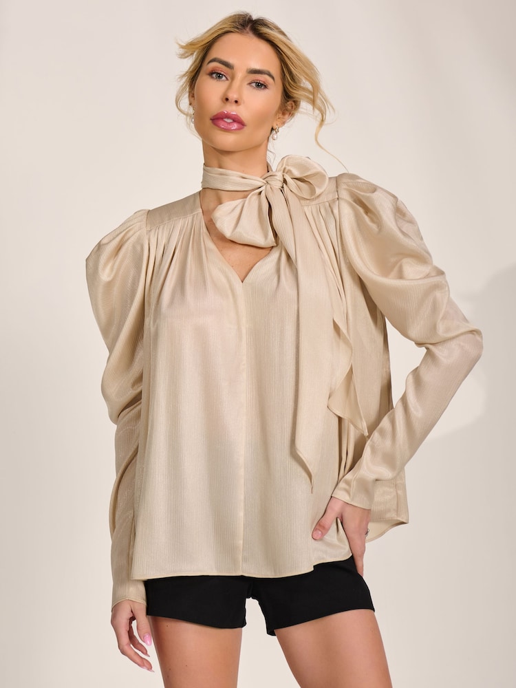 Jolie Moi Natural Bow Neck Puff Sleeve Satin Blouse - Image 1 of 6