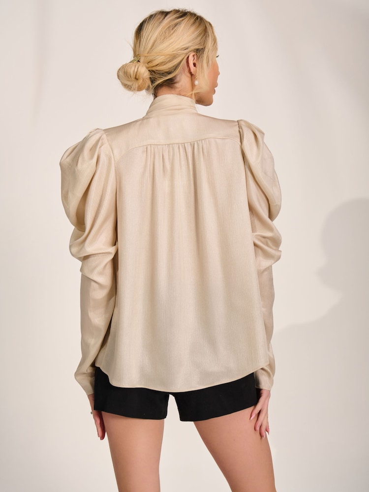 Jolie Moi Natural Bow Neck Puff Sleeve Satin Blouse - Image 2 of 6
