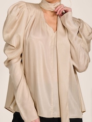 Jolie Moi Natural Bow Neck Puff Sleeve Satin Blouse - Image 3 of 6