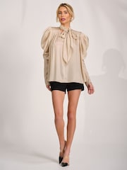 Jolie Moi Natural Bow Neck Puff Sleeve Satin Blouse - Image 4 of 6