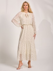 Jolie Moi Cream Textured Chiffon Long Sleeve Maxi Dress - Image 1 of 6