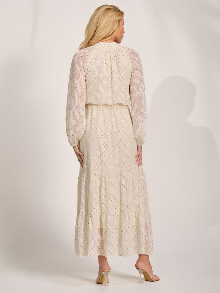 Jolie Moi Cream Textured Chiffon Long Sleeve Maxi Dress - Image 2 of 6