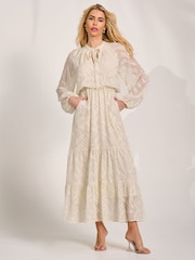 Jolie Moi Cream Textured Chiffon Long Sleeve Maxi Dress - Image 4 of 6
