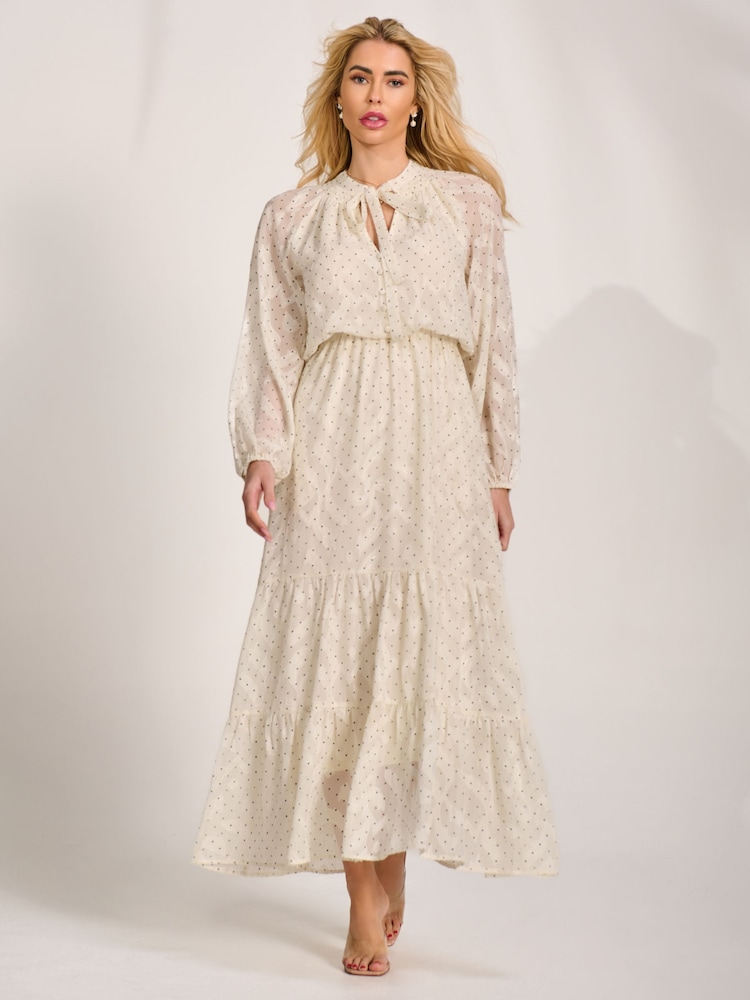 Jolie Moi Cream Textured Chiffon Long Sleeve Maxi Dress - Image 6 of 6