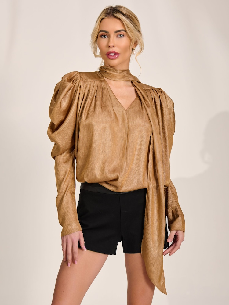 Jolie Moi Golden Mocha Bow Neck Puff Sleeve Satin Blouse - Image 1 of 6 Jolie Moi Golden Mocha Bow Neck Puff Sleeve Satin Blouse - Image 1 of 6