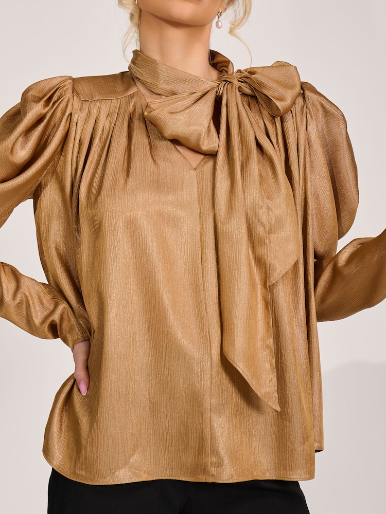 Jolie Moi Golden Mocha Bow Neck Puff Sleeve Satin Blouse - Image 2 of 6 Jolie Moi Golden Mocha Bow Neck Puff Sleeve Satin Blouse - Image 2 of 6