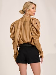 Jolie Moi Golden Mocha Bow Neck Puff Sleeve Satin Blouse - Image 3 of 6