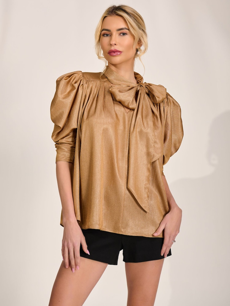 Jolie Moi Golden Mocha Bow Neck Puff Sleeve Satin Blouse - Image 6 of 6 Jolie Moi Golden Mocha Bow Neck Puff Sleeve Satin Blouse - Image 6 of 6