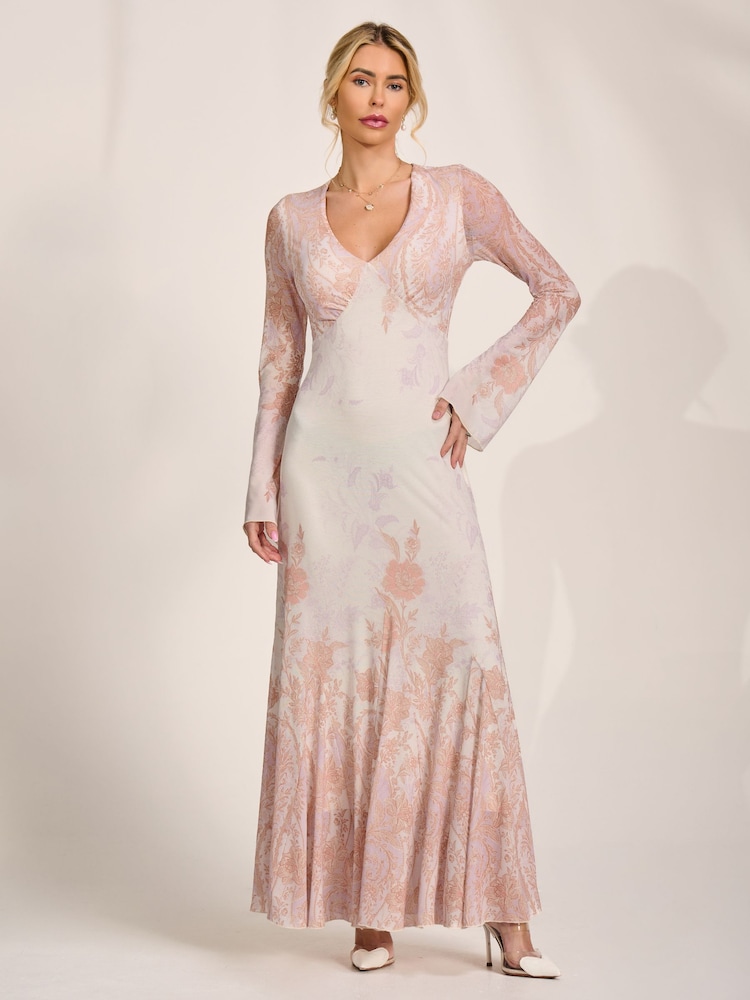 Jolie Moi Natural Long Sleeve Godet Mesh Maxi Dress - Image 1 of 6