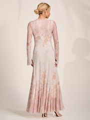 Jolie Moi Natural Long Sleeve Godet Mesh Maxi Dress - Image 2 of 6