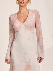 Jolie Moi Natural Long Sleeve Godet Mesh Maxi Dress - Image 3 of 6