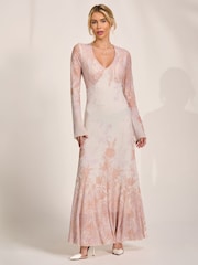 Jolie Moi Natural Long Sleeve Godet Mesh Maxi Dress - Image 4 of 6