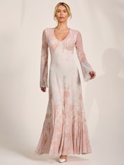 Jolie Moi Natural Long Sleeve Godet Mesh Maxi Dress - Image 5 of 6