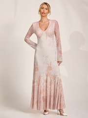 Jolie Moi Natural Long Sleeve Godet Mesh Maxi Dress - Image 6 of 6