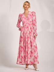 Jolie Moi Pink Long Sleeve Dip Hem Mesh Maxi Dress - Image 1 of 6