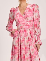 Jolie Moi Pink Long Sleeve Dip Hem Mesh Maxi Dress - Image 3 of 6