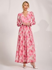 Jolie Moi Pink Long Sleeve Dip Hem Mesh Maxi Dress - Image 4 of 6