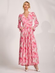 Jolie Moi Pink Long Sleeve Dip Hem Mesh Maxi Dress - Image 5 of 6