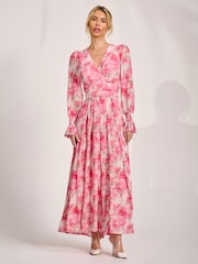 Jolie Moi Pink Long Sleeve Dip Hem Mesh Maxi Dress - Image 6 of 6
