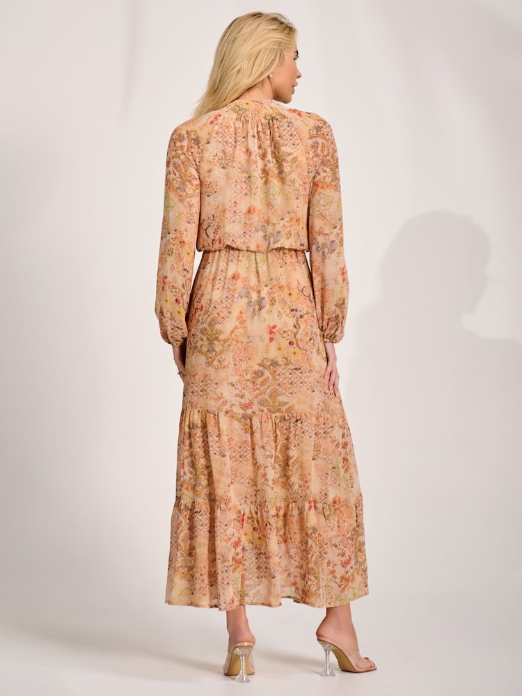 Jolie Moi Orange Chiffon Long Sleeve Tiered Maxi Dress - Image 2 of 6