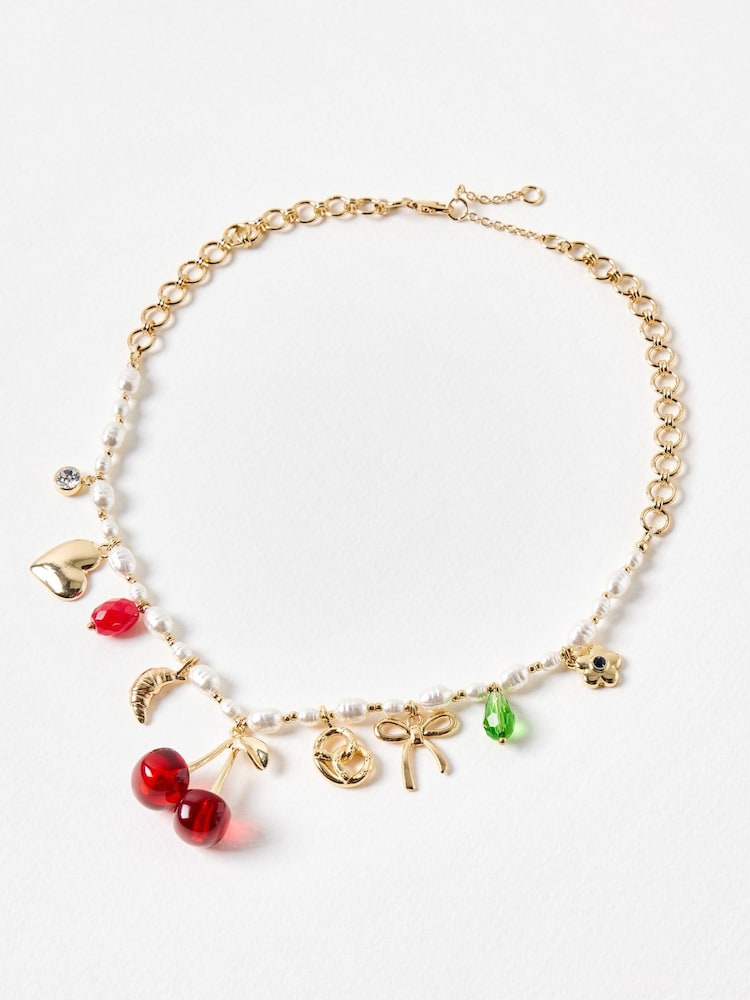 Oliver Bonas Red Fruit, Croissant & Charm Faux Pearl Necklace - Image 1 of 5