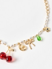 Oliver Bonas Red Fruit, Croissant & Charm Faux Pearl Necklace - Image 2 of 5