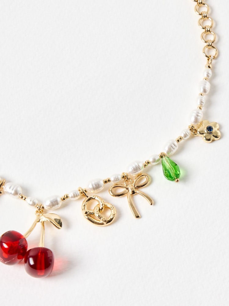 Oliver Bonas Red Fruit, Croissant & Charm Faux Pearl Necklace - Image 2 of 5