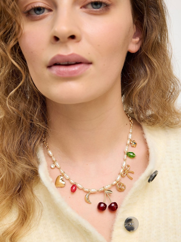 Oliver Bonas Red Fruit, Croissant & Charm Faux Pearl Necklace - Image 5 of 5