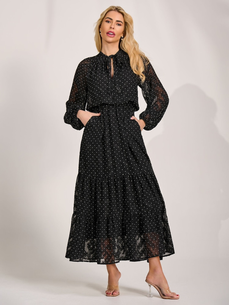 Jolie Moi Black Textured Chiffon Long Sleeve Maxi Dress - Image 6 of 6