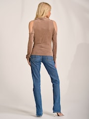 لون طبيعي - Jolie Moi Cowl Neckline Cold Shoulder Jersey Top - Image 2 of 6