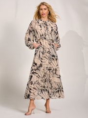 Jolie Moi Natural Chiffon Long Sleeve Tiered Maxi Dress - Image 1 of 6