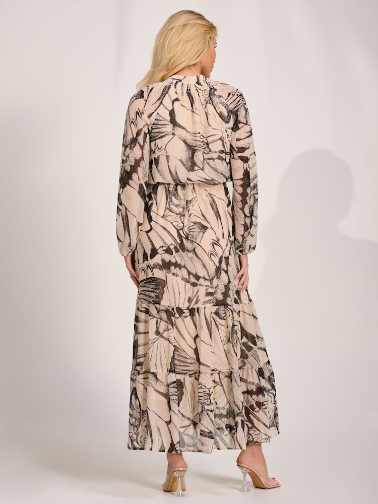 Jolie Moi Natural Chiffon Long Sleeve Tiered Maxi Dress - Image 2 of 6