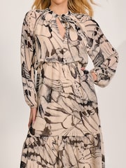 Jolie Moi Natural Chiffon Long Sleeve Tiered Maxi Dress - Image 3 of 6