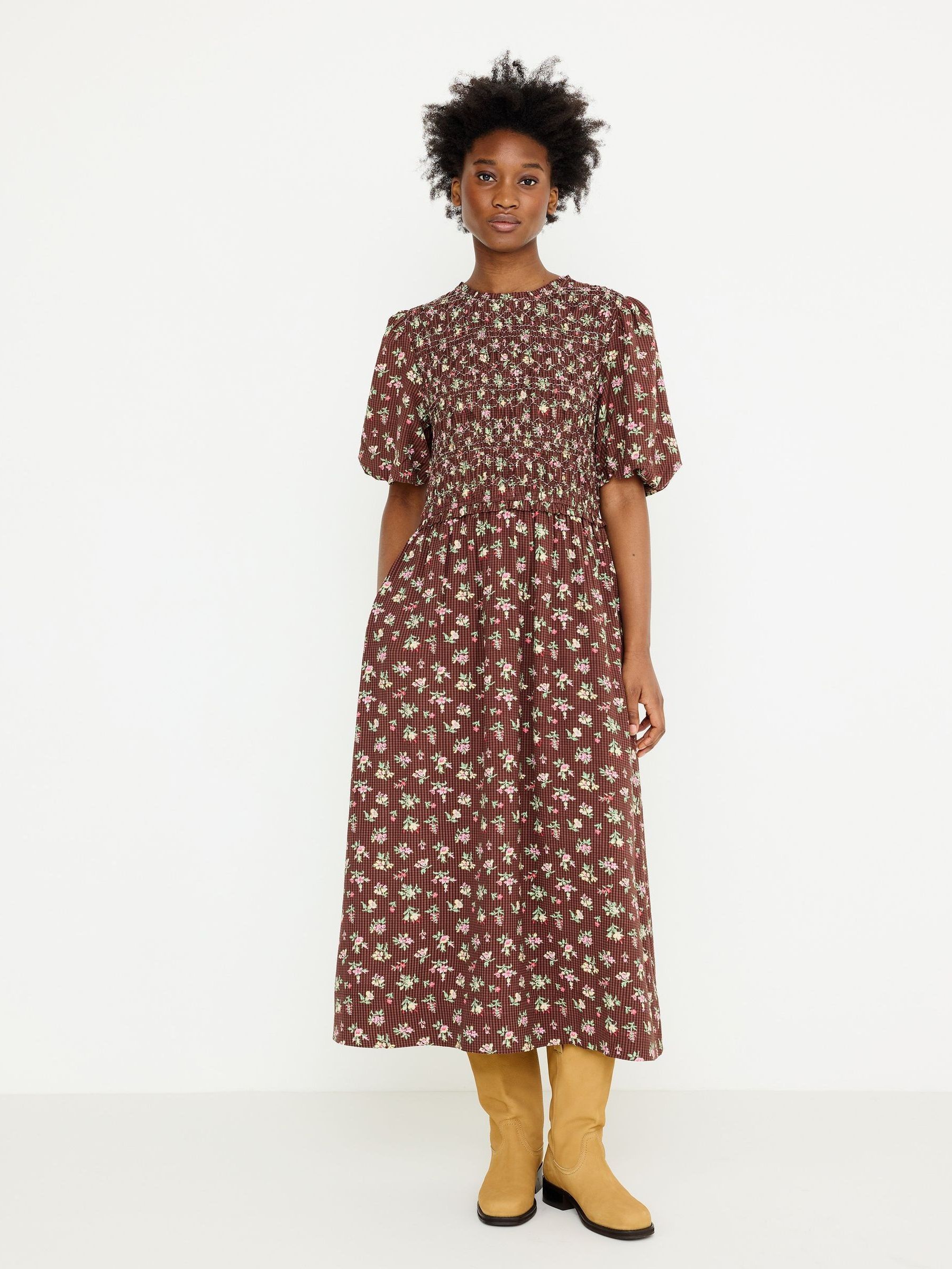 【S】Wool herringbone tulle onepiece Buy Oliver Bonas Brown Gingham Floral Shirred Bodice Midi Dress