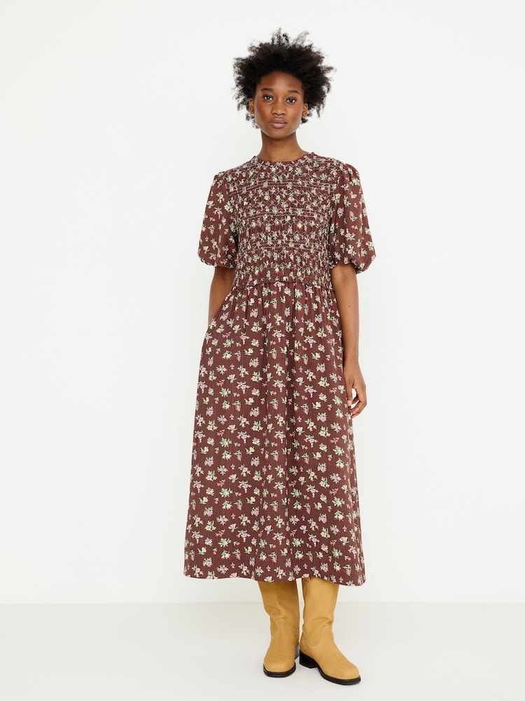 Oliver Bonas Gingham Floral Shirred Bodice Midi Dress - Larawan 1 ng 7