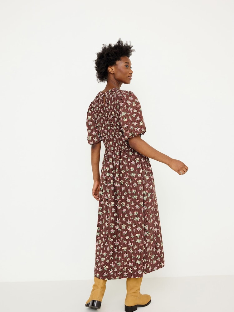 Oliver Bonas Gingham Floral Shirred Bodice Midi Dress - Larawan 2 ng 7