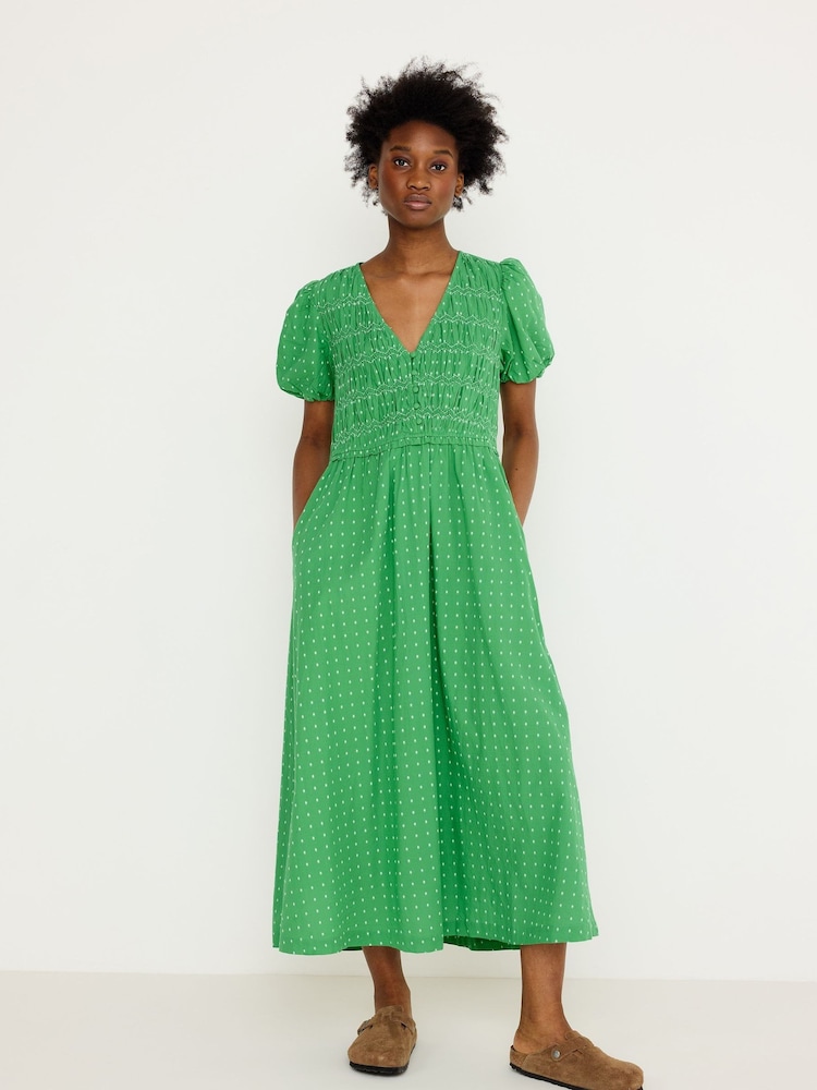 Oliver Bonas Dobby Polka Dot V-Neck Puff Sleeve Midi Dress - Image 1 of 7 Oliver Bonas Dobby Polka Dot V-Neck Puff Sleeve Midi Dress - Image 1 of 7