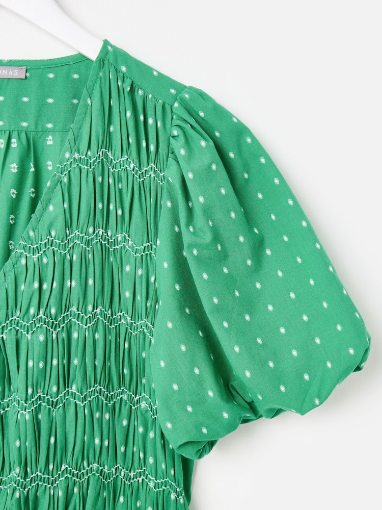 Womens Oliver Bonas Green Dobby Polka Dot V-Neck Puff Sleeve Midi Dress US 6