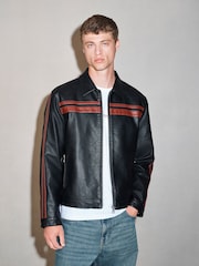 Negro - EDIT Stripe Detail Faux Leather Collared Jacket - Imagen 1 de 6