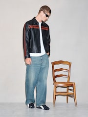 Negro - EDIT Stripe Detail Faux Leather Collared Jacket - Imagen 3 de 6