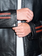 Negro - EDIT Stripe Detail Faux Leather Collared Jacket - Imagen 4 de 6